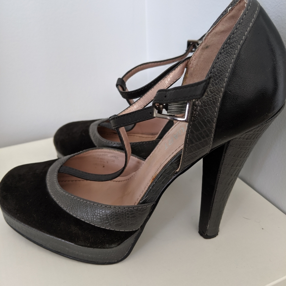 T-strap suede heels